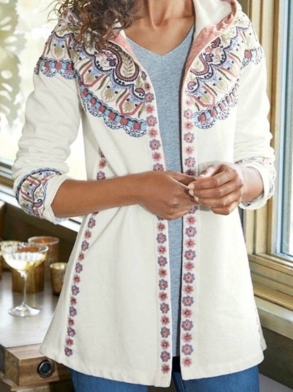 Soft Surroundings Isle Sweater Coat Beaded Embroidered Bohemian Large